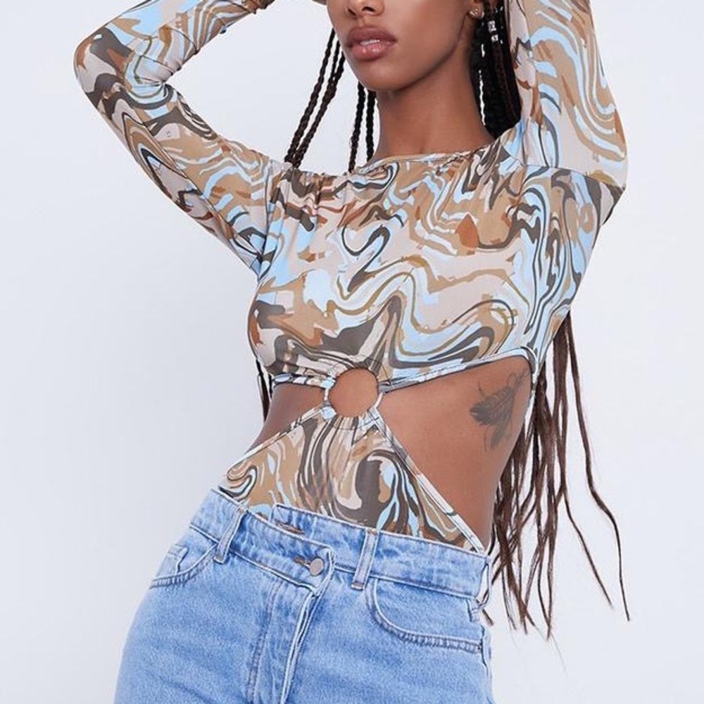 Brown Abstract Print Ring Detail Cut Out Side Bodysuit
